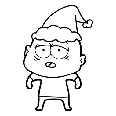 yorgun bir kel adam Noel Baba şapkası giyen çizgi çizme