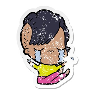 bir çizgi film ağlayan kızın sıkıntılı etiket