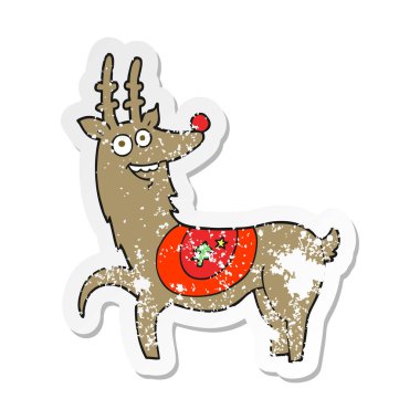 Retro sıkıntılı etiket bir karikatür Noel reindeer