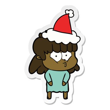 etiket karikatür Noel Baba şapkası giyen bir ıslık kızın el çekilmiş