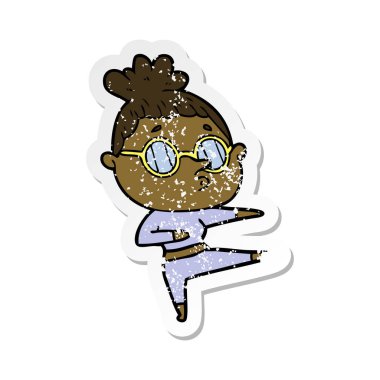 gözlük takan bir karikatür kadının sıkıntılı etiket