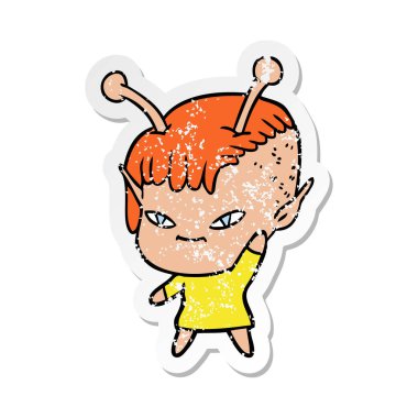 bir sevimli çizgi uzaylı kızın sıkıntılı etiket