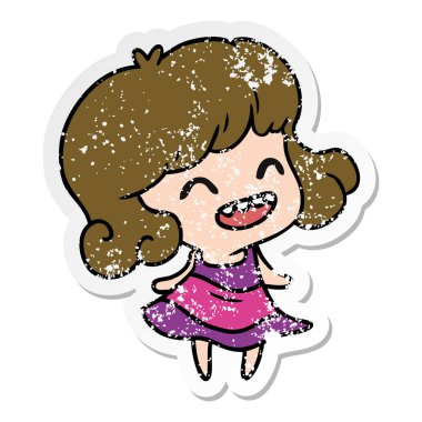 şirin kawaii kızın sıkıntılı etiket çizgi film