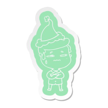 Noel Baba şapkası giyen endişeli bir adamın ilginç çizgi film etiketi