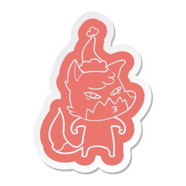 Noel Baba şapkası giyen bir tilkinin zeki ilginç çizgi film etiketi