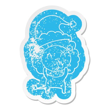 mutlu ilginç çizgi film Noel Baba şapkası giyen aslan etiket sıkıntılı