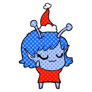 gülümseyen uzaylı kız elle çizilmiş çizgi roman tarzı çizimi giyen Noel Baba şapkası