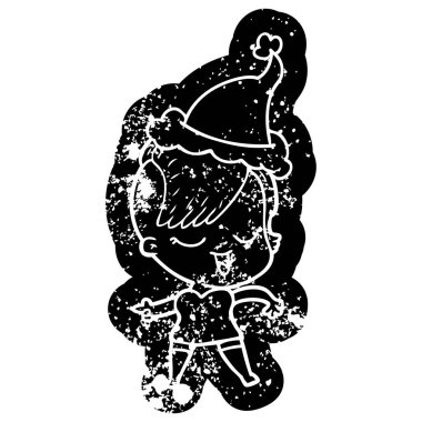 mutlu çizgi film simgesi santa şapka giymiş bir kızın sıkıntılı