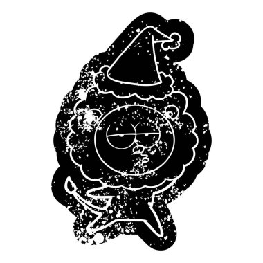 Noel Baba şapkası giyen sıkılmış aslan ilginç karikatür sıkıntılı simgesi