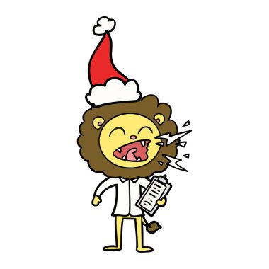 çizim için Noel Baba şapkası giyen kükreyen aslan doktor el çekilmiş