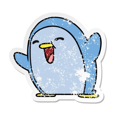 sıkıntılı etiket çizgi film illüstrasyon kawaii bir sevimli penguen