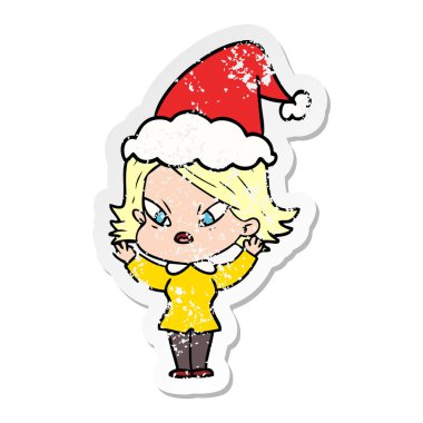 sıkıntılı etiket karikatür Noel Baba şapkası giyen stresli bir kadının el çekilmiş
