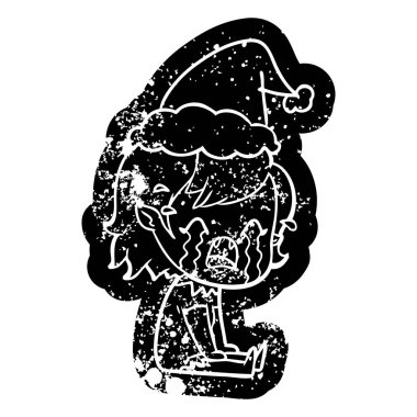 Noel Baba şapkası giyen ağlayan bir vampir kız ilginç karikatür sıkıntılı simgesi