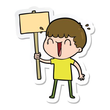 etiket afişini sallayarak gülünecek bir çizgi film adamın