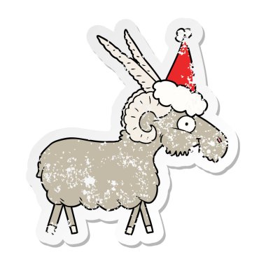 sıkıntılı etiket karikatür Noel Baba şapkası giyen keçi el çekilmiş