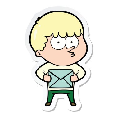 hediye taşıyan meraklı bir çizgi film çocuk etiket