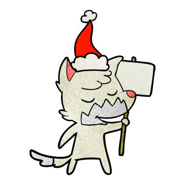 Noel Baba şapkası giyen bir tilkinin dokulu çizgi film dostu el çekilmiş