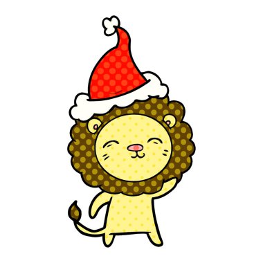 çizgi roman tarzı illüstrasyon santa şapka aslan el çekilmiş