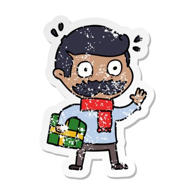 bir çizgi film adam bıyık ve Noel hediyesi sıkıntılı etiket