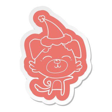 çizgi film etiketi giyen Noel Baba şapkası işaret eden bir köpek