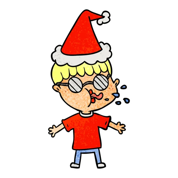 手绘纹理卡通一个男孩戴眼镜戴圣诞老人的帽子 — 图库矢量图片