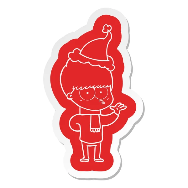 Nervös Skurrile Cartoon Aufkleber Eines Jungen Mit Weihnachtsmütze — Stockvektor