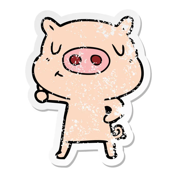 Distressed Sticker Cartoon Content Pig — Stock Vector