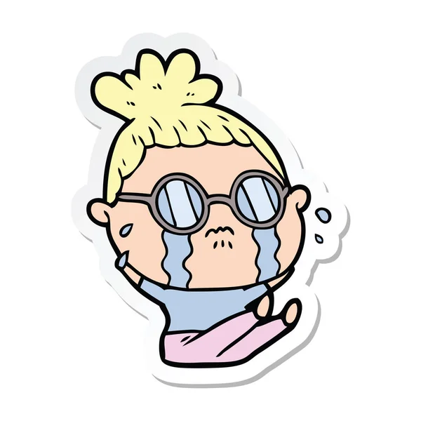 Sticker Cartoon Crying Woman Wearing Spectacles — Stock Vector