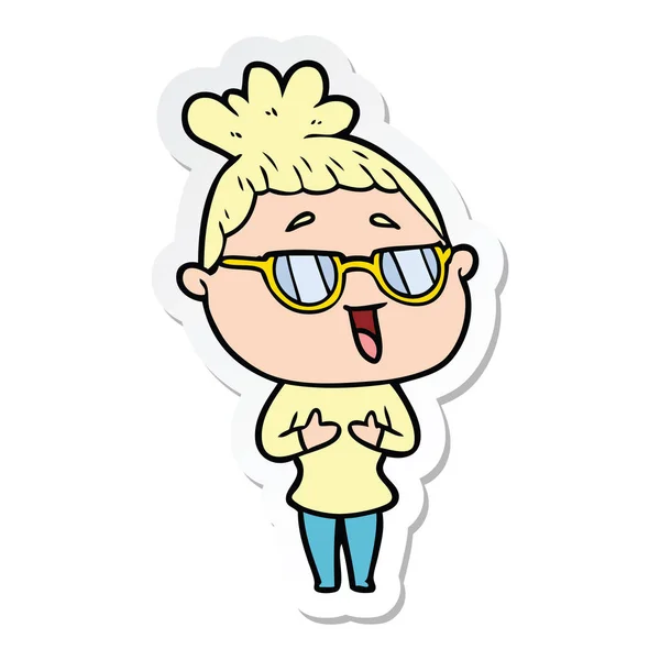 Sticker of a cartoon happy woman wearing spectacles — Stock Vector