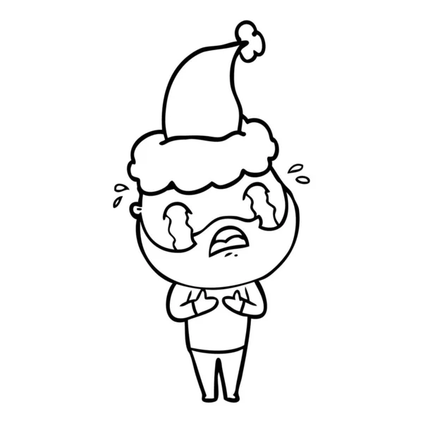 Hand Drawn Line Drawing Bearded Man Crying Wearing Santa Hat — Stock Vector