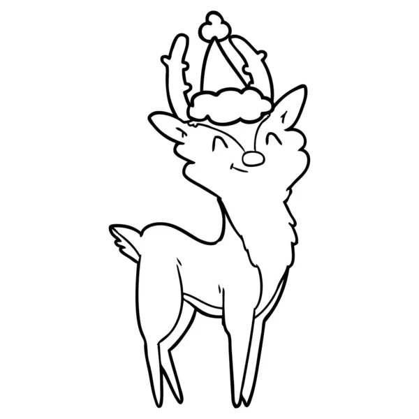 Kreslení čar šťastná jelena santa klobouk — Stockový vektor