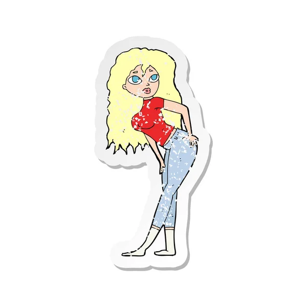Retro distressed sticker of a cartoon attractive woman looking s — Stock Vector