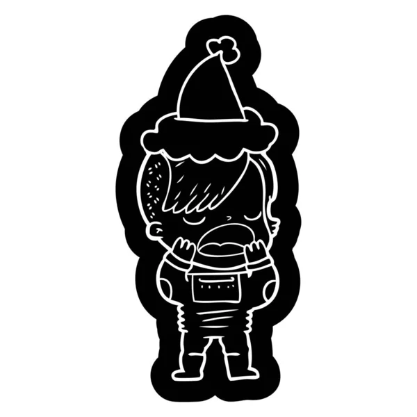 一个穿着太空服的酷嬉皮士女孩的古怪卡通图标 戴着圣诞老人的帽子 — 图库矢量图片