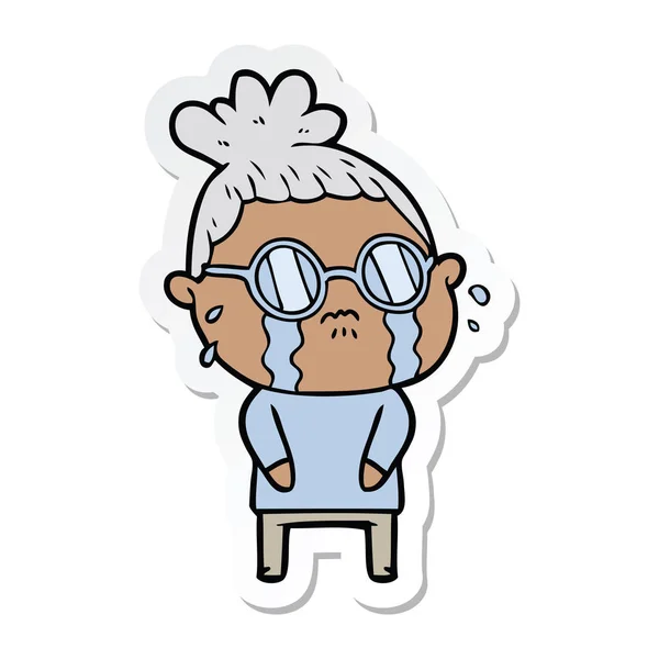 Pegatina de una mujer llorando dibujos animados con gafas — Vector de stock