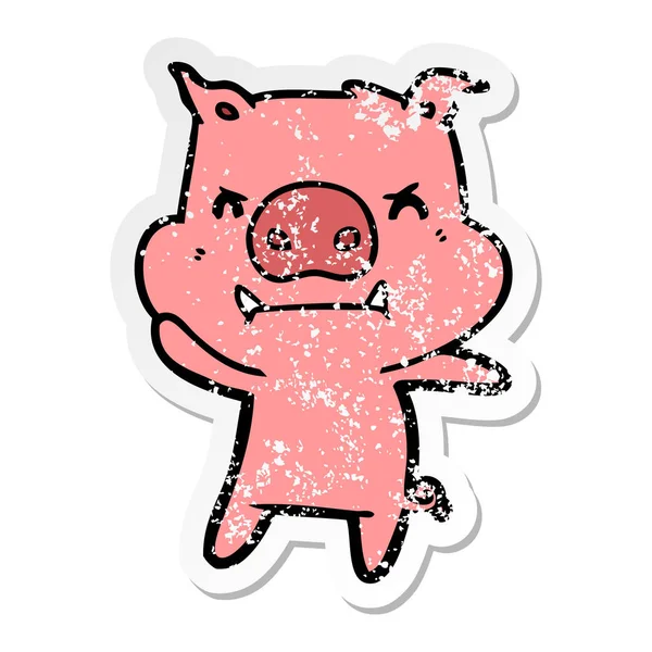 Distressed Sticker Angry Cartoon Pig — Stock Vector