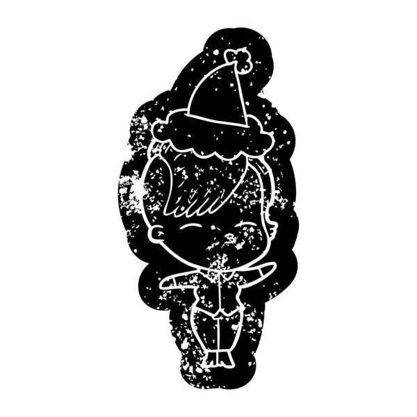 Икона скорби мультфильма о косоглазой девушке в шляпе Санты — стоковый вектор