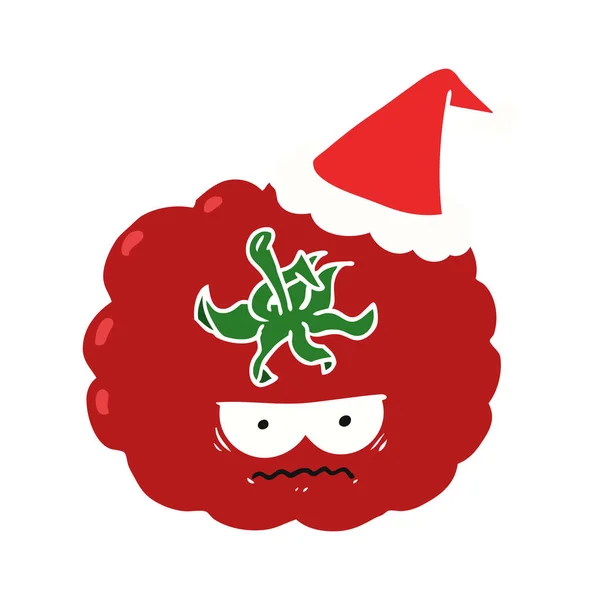 Flat color illustration of a angry tomato wearing santa hat — Stock Vector