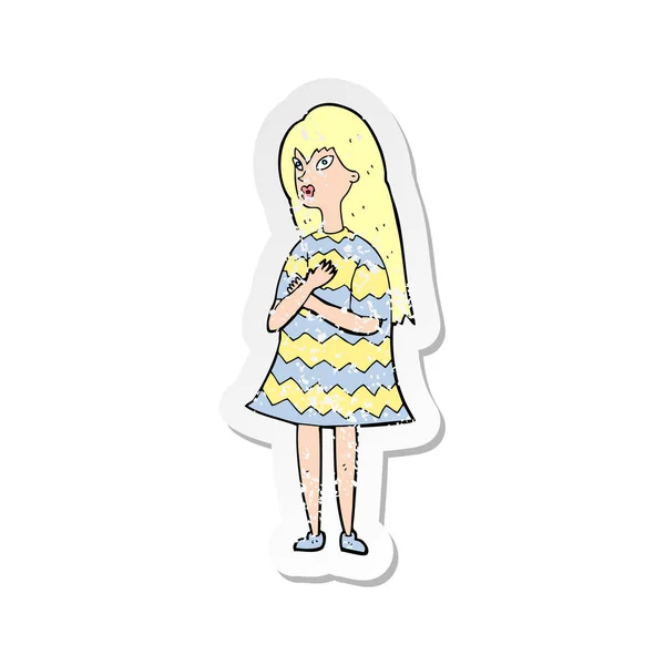 Retro Distressed Sticker Cartoon Surprised Girl — Stock Vector