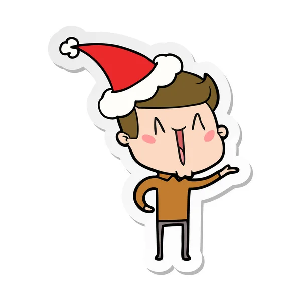 산타 모자를 쓰고 흥분 사람의 스티커 만화 — 스톡 벡터