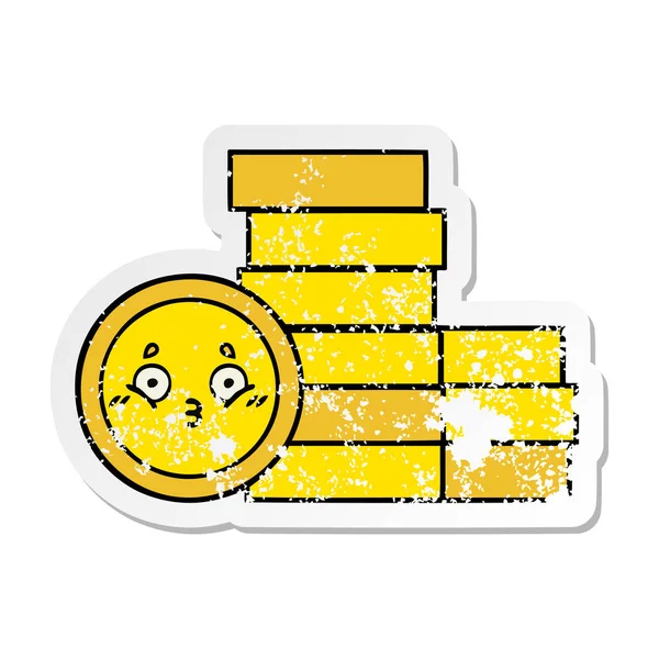 Verontruste sticker van een leuke cartoon munten — Stockvector