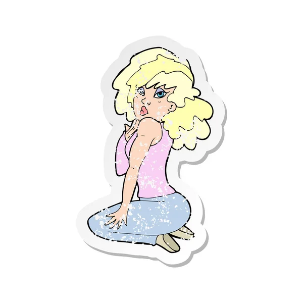 Autocollant détresse rétro d'une femme dessin animé posant — Image vectorielle