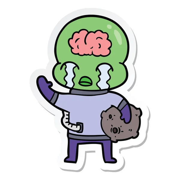 Stiker Kartun Otak Besar Alien Menangis Dan Melambaikan Tangan Selamat - Stok Vektor