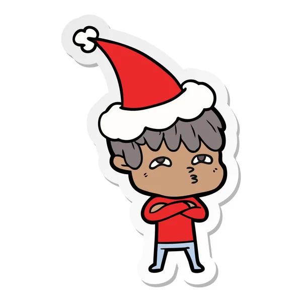 Hand Getekend Sticker Cartoon Van Een Nieuwsgierig Man Met Kerstmuts — Stockvector
