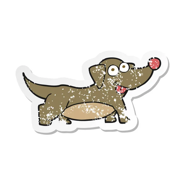 Retro Sıkıntılı Etiket Bir Karikatür Mutlu Küçük Köpek — Stok Vektör