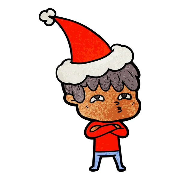 Dessin animé texturé d'un homme curieux portant un chapeau de Père Noël — Image vectorielle