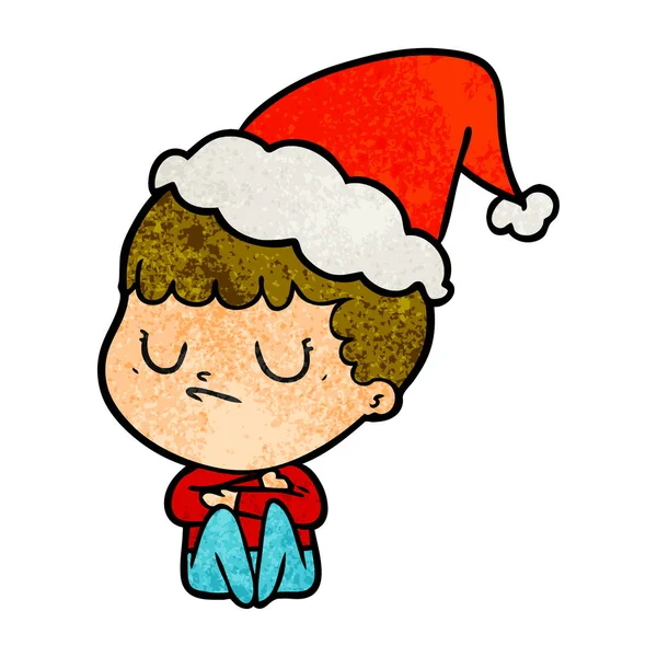 Handgezeichnete Texturierte Karikatur Eines Mürrischen Jungen Mit Weihnachtsmütze — Stockvektor
