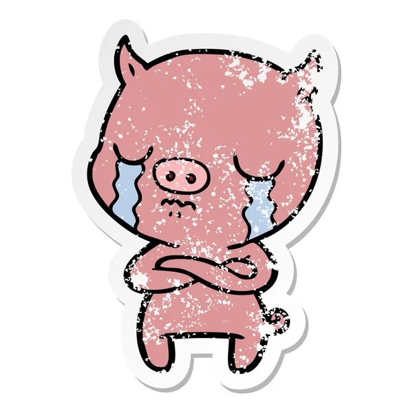 Distressed sticker of a cartoon pig crying — Stock Vector