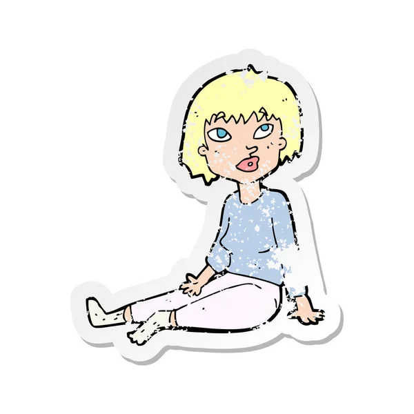 Katta oturan bir karikatür kadının Retro sıkıntılı etiket — Stok Vektör