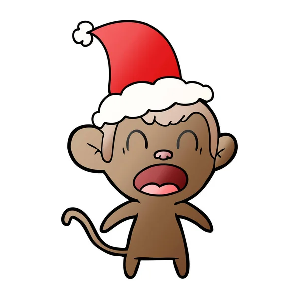 Shouting Hand Drawn Gradient Cartoon Monkey Wearing Santa Hat — Stock Vector