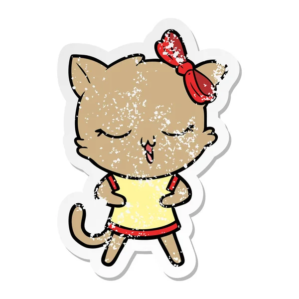 Nödställda klistermärke av en tecknad katt med rosett på huvudet — Stock vektor